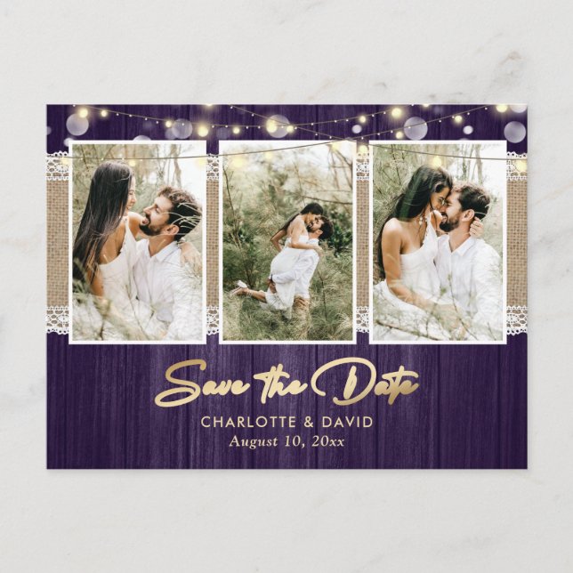 Rustic Purple Gold Wedding Photo Save The Date Announcement Postcard (Front)