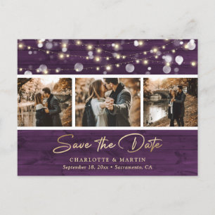 Rustic Purple Gold Wedding Photo Save The Date Announcement Postcard
