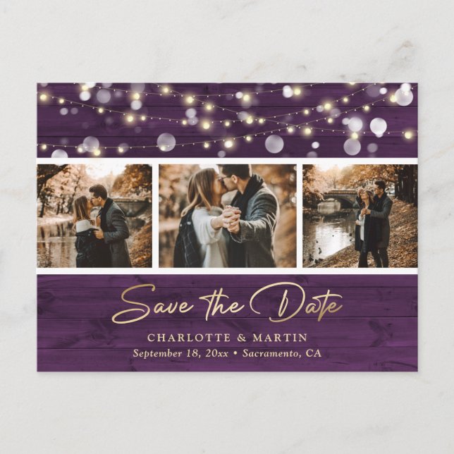 Rustic Purple Gold Wedding Photo Save The Date Announcement Postcard (Front)