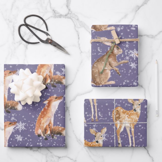 Rustic Purple Grape Elegant Snowy Winter Animals Wrapping Paper Sheet (Front)