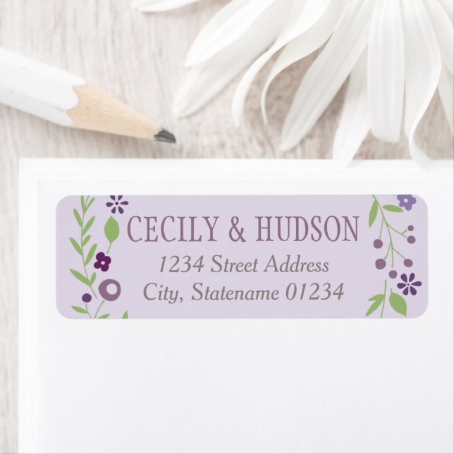 Rustic Purple Green Floral Wedding Return Address Label (Insitu)