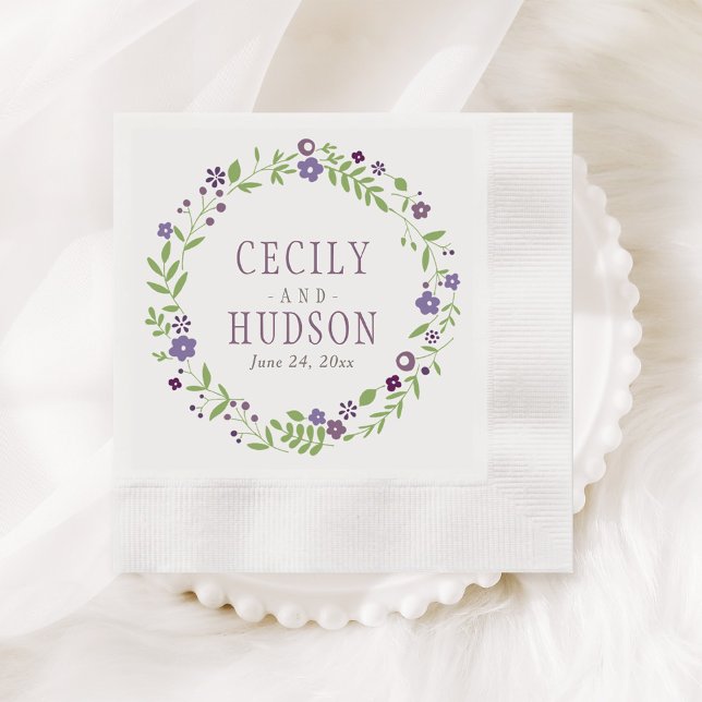 Rustic Purple Green Floral Wreath Wedding Monogram Napkin (Creator Uploaded)