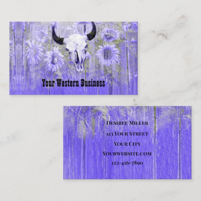Rustic Purple Green Western Bull Skull Sunflowers Business Card (Front/Back)
