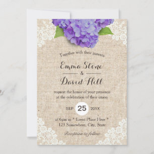 Rustic Purple Hydrangea Floral Lace Burlap Wedding Invitation