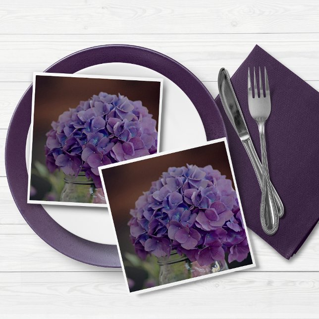 Rustic Purple Hydrangea in Mason Jar Photograph Napkin (Rustic Purple Hydrangea in Mason Jar Photograph Table Napkins)