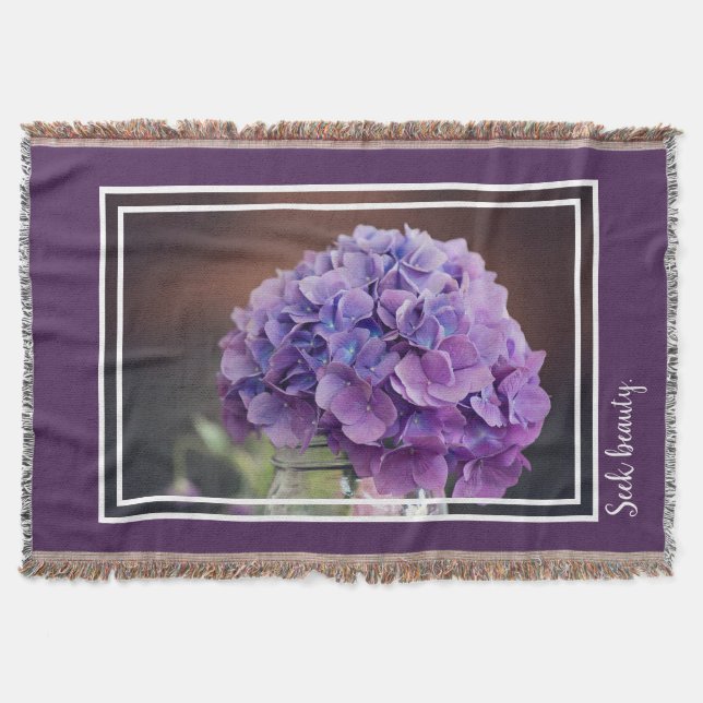 Rustic Purple Hydrangea in Mason Jar Photograph Throw Blanket (Front)