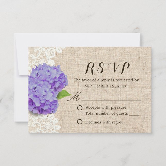 Rustic Purple Hydrangea Lace & Burlap Wedding RSVP (Front)