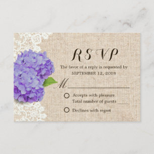 Rustic Purple Hydrangea Lace & Burlap Wedding RSVP Card