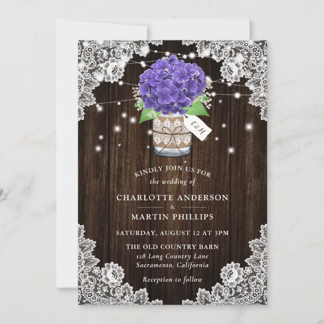Rustic Purple Hydrangea Wood Lace Wedding Invitation (Front)