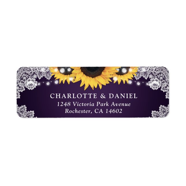 Rustic Purple Lace Sunflower Return Address Labels (Front)