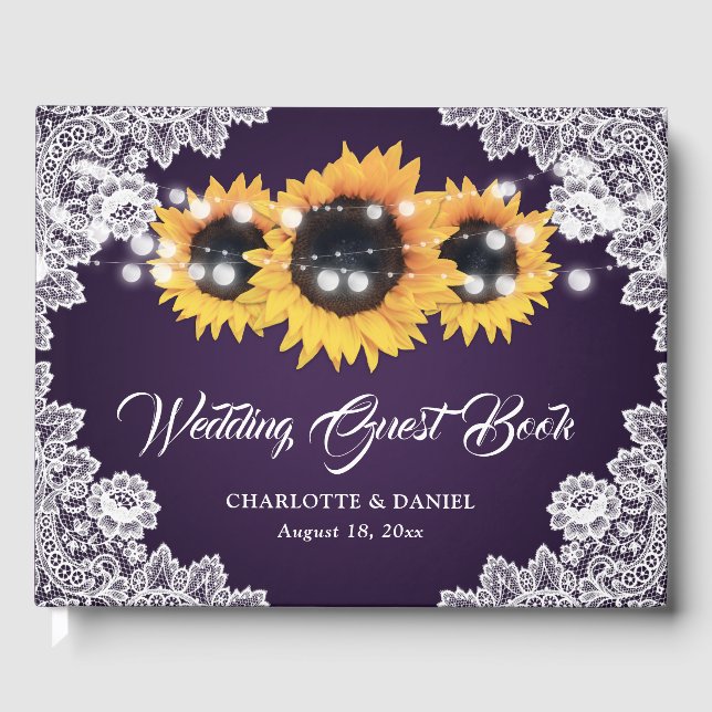 Rustic Purple Lace Sunflower Wedding Guest Book (Front)