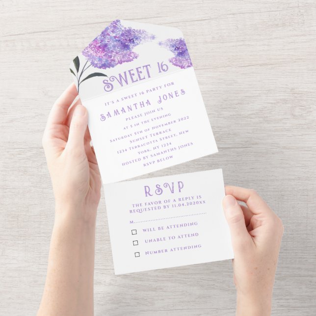 Rustic Purple Lilacs Sweet 16 Floral Sixteen All I All In One Invitation (Tearaway)