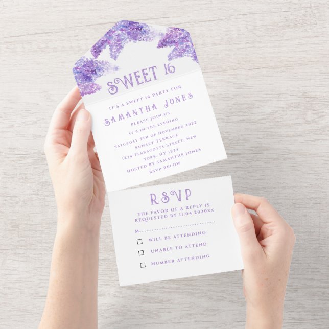 Rustic Purple Lilacs Sweet 16 Floral Sixteen All In One Invitation (Tearaway)