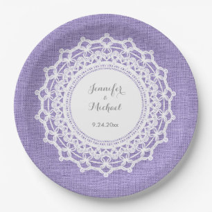 Rustic Purple Linen Look and White Lace Wedding Paper Plate