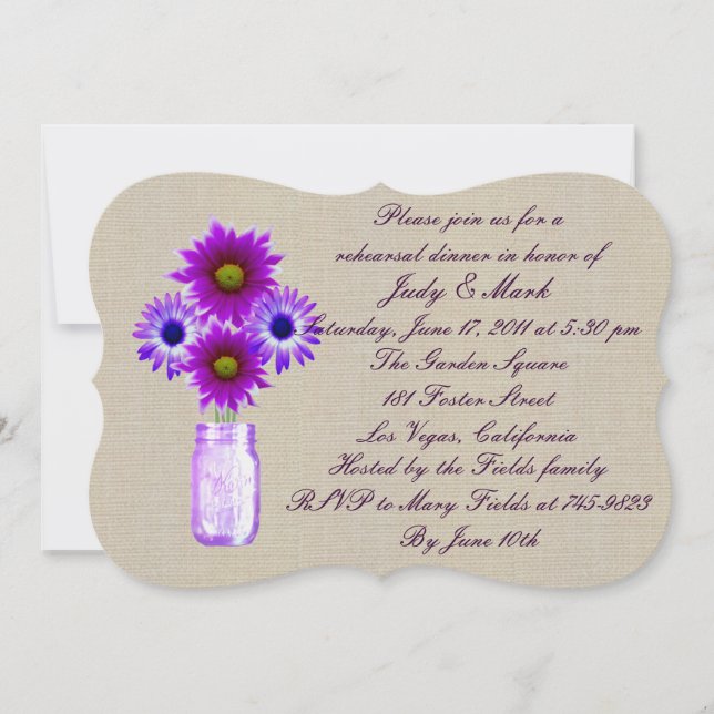 Rustic Purple Mason Jar Rehearsal Dinner Invite (Front)