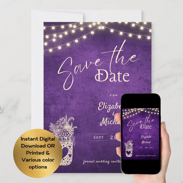 Rustic Purple Mason Jar Save Dates Digital Print Invitation (Creator Uploaded)