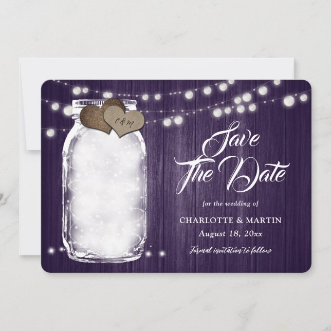 Rustic Purple Mason Jar Wood String Lights Wedding Save The Date (Front)