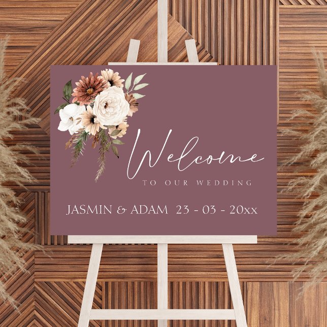 Rustic Purple Peach Floral Wedding Welcome Sign (Rustic Purple Peach Floral Wedding Welcome Sign)