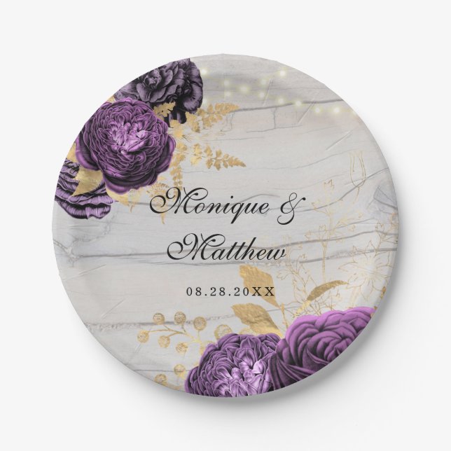 Rustic Purple Peony Wood String Of Lights Paper Pl Plate (Front)
