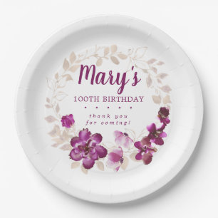 Rustic Purple Pink Floral 100th Birthday Paper Plate