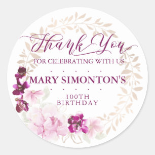 Rustic Purple Pink Floral 100th Birthday Thank You Classic Round Sticker