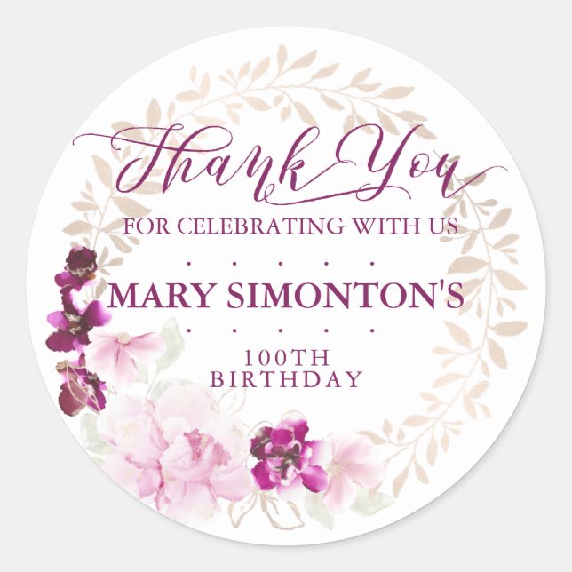 Rustic Purple Pink Floral 100th Birthday Thank You Classic Round Sticker (Front)