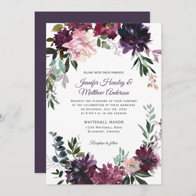 Rustic Purple Pink Mauve Red Floral Wreath Wedding Invitation (Front/Back)