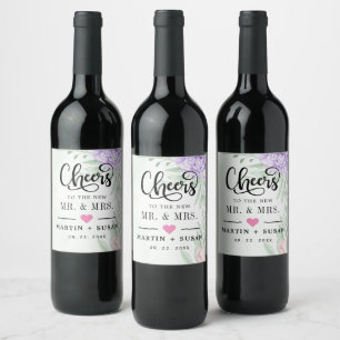 Rustic Purple Rose Floral Eucalyptus Boho Wedding Wine Label