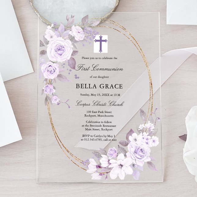 Rustic Purple Rose Floral First Holy Communion Acrylic Invitations (Creator Uploaded)