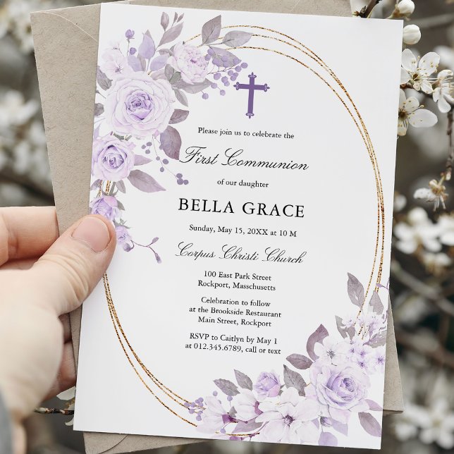 Rustic Purple Rose Floral First Holy Communion Invitation (Creator Uploaded)