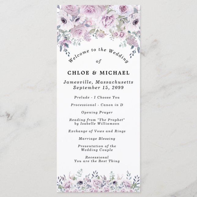 Rustic Purple Rose Floral Wedding Program (Front)