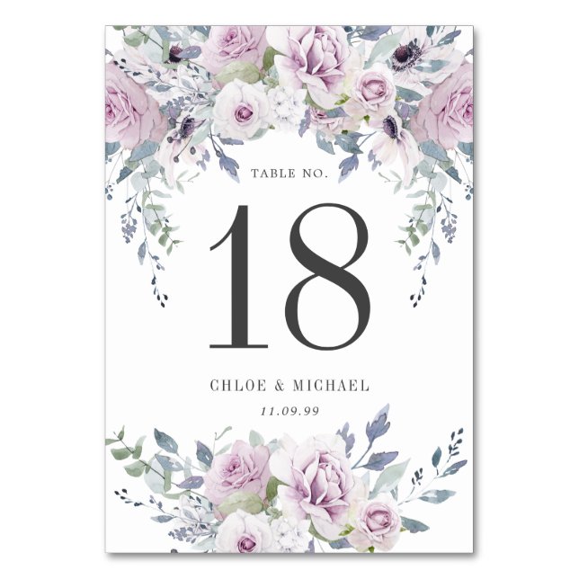 Rustic Purple Rose Floral Wedding Table Table Number (Front)