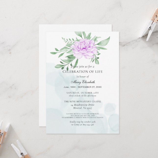 Rustic Purple Rose Leaves Celebration Of Life Invitation (Front/Back In Situ)