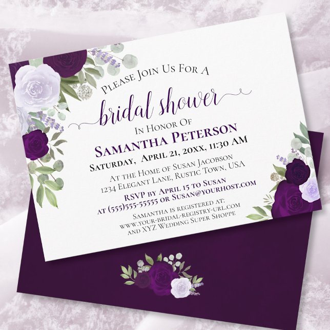 Rustic Purple Roses Elegant Floral Bridal Shower Invitation (Creator Uploaded)