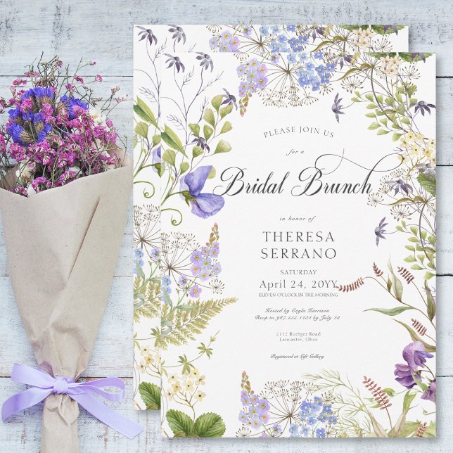 Rustic Purple Sage Wildflower White Bridal Brunch Invitation (Rustic Purple Sage Wildflower White Bridal Brunch Invitation)