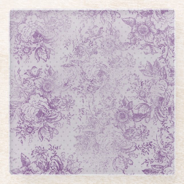 rustic purple, shabby chic,pale lavender florals, glass coaster (Front)