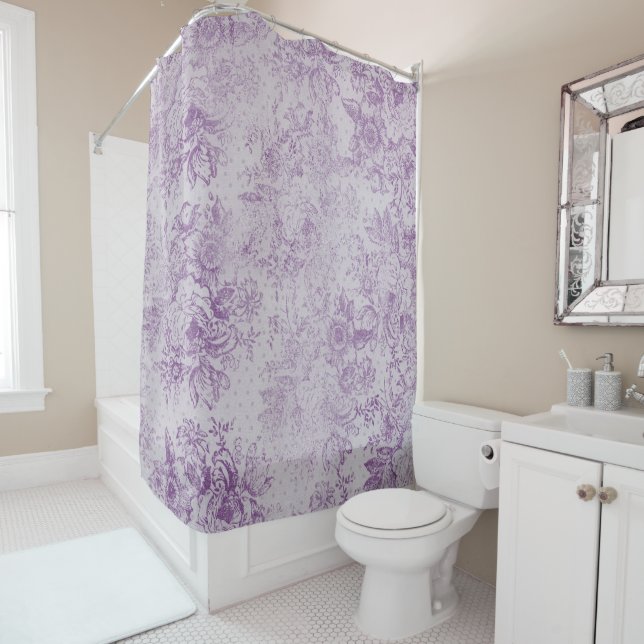 rustic purple, shabby chic,pale lavender florals, shower curtain (In Situ)