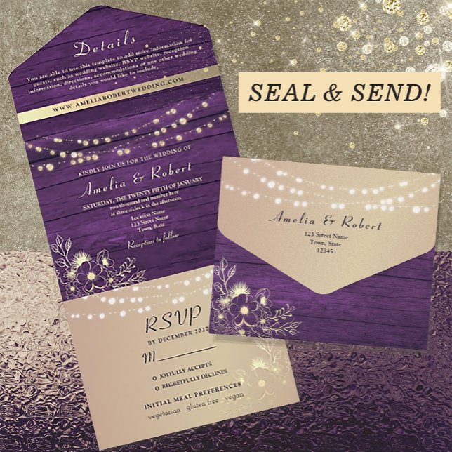 Rustic Purple String Lights Wedding All In One Invitation (Creator Uploaded)