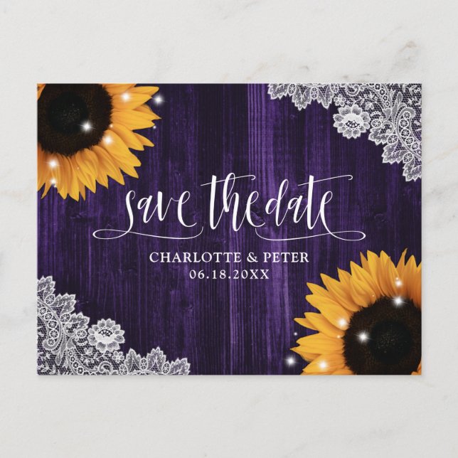Rustic Purple Sunflower Lace Wedding Save The Date Postcard (Front)