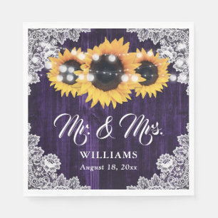 Rustic Purple Sunflower Mr and Mrs Wedding Napkins