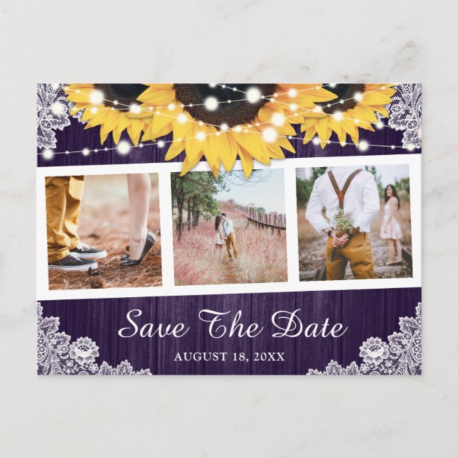 Rustic Purple Sunflower Photo Save The Date Announcement Postcard (Front)