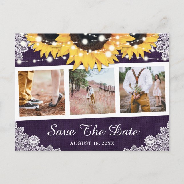 Rustic Purple Sunflower Photo Save The Date Announcement Postcard (Front)