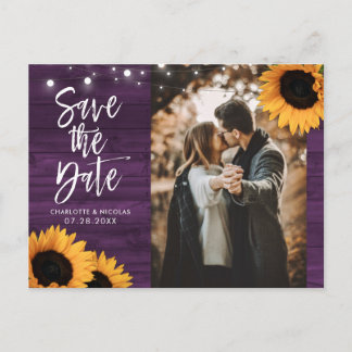 Rustic Purple Sunflower Photo Save The Date Postcard