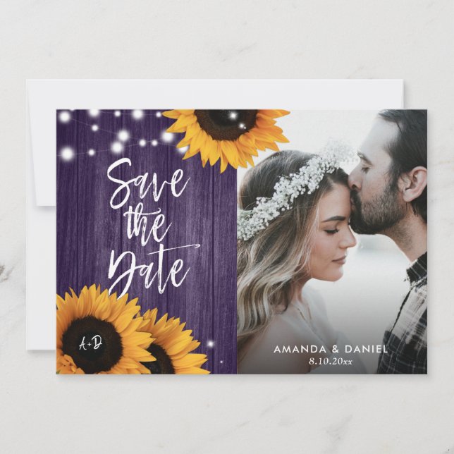 Rustic Purple Sunflower Save The Date Photo Cards (Front)