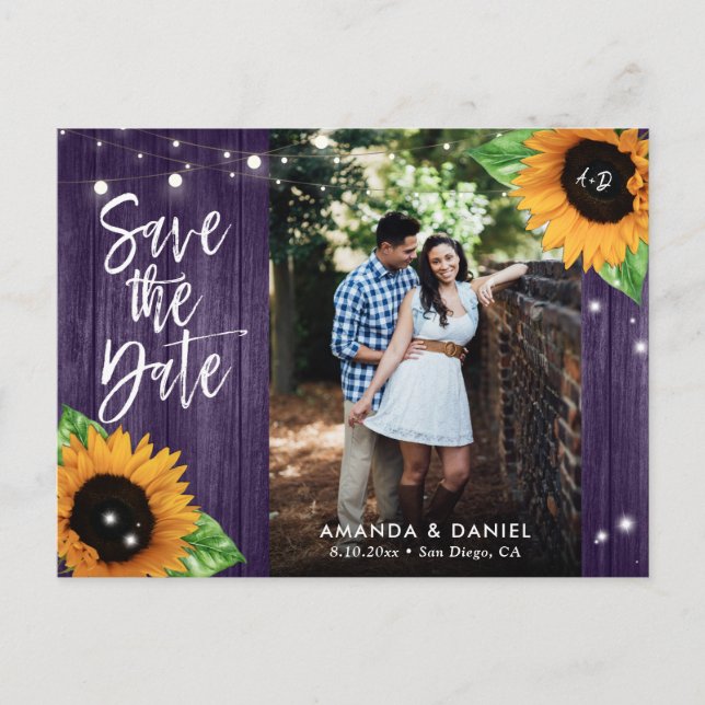 Rustic Purple Sunflower Save The Date Postcard (Front)