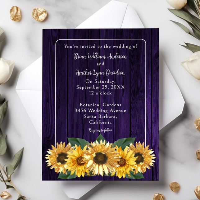 Rustic Purple Sunflower Wedding Invitation (Purple Rustic Sunflower Wedding Invitation)