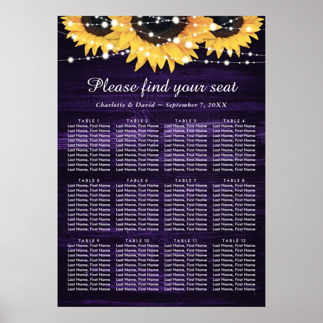 Rustic Purple Sunflower Wedding Seating Chart 12 (Front)