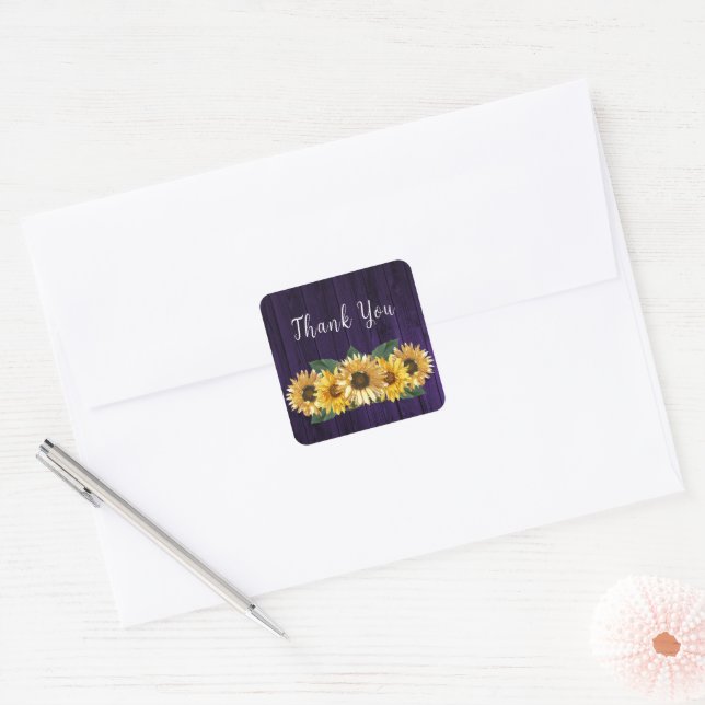 Rustic Purple Sunflower Wedding Thank You Square Sticker (Envelope)