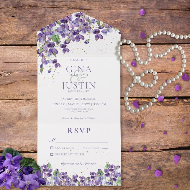 Rustic Purple Violets Gold Sparkle No Dinner All In One Invitation (Also available with a QR code.)