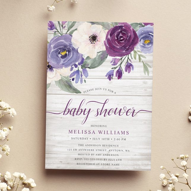 Rustic Purple Watercolor Floral Girl Baby Shower Invitation (Creator Uploaded)